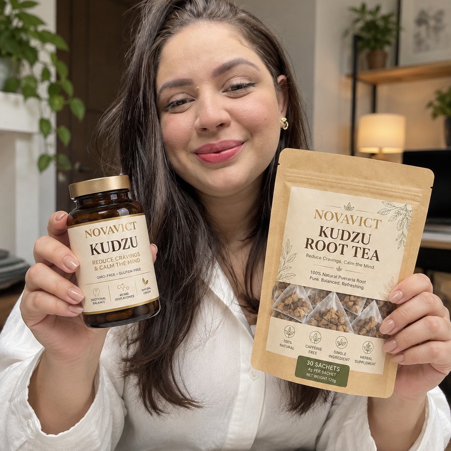 Novavict customer with Kudzu capsules and Kudzu root tea